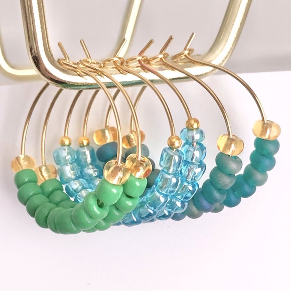 New Hand Beaded Hoop Earrings Artisan Unique Gifts Iridescent Pastel Blue Aqua - Picture 5 of 7